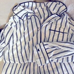 Petite Plume Women’s Pima Long Sleeve Short Set in white and navy size small